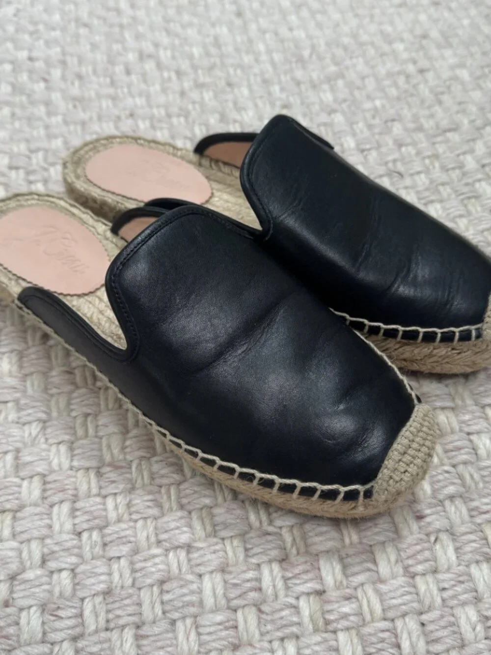 J. Crew Black Leather Slip On Espadrilles Flats Coastal Minimalist Size 7.5